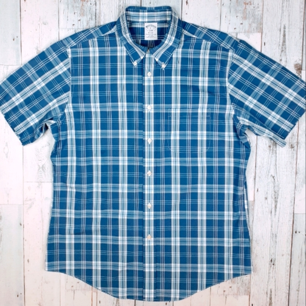 Brooks Brothers Regent Men's L Large Plaid Short Sleeve Button Down Shirt NICE!